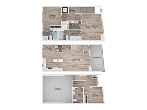 Floor plan for 2 beds, 3.5 baths, 1438 sqft